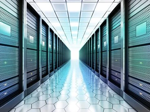 Network servers in a row in the room. 3D illustration Network servers in a... 库存照片