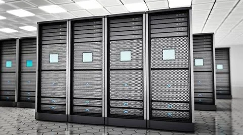 Network servers in a row in the room. 3D illustration Network servers in a... Stock Photos