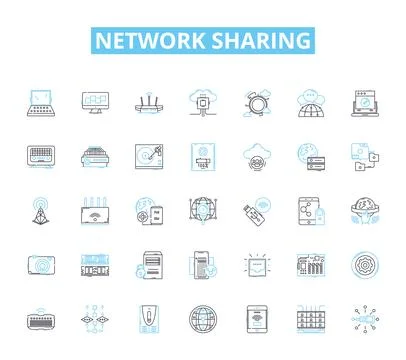 Network sharing linear icons set. Collaboration, Connectivity, Data, File Illustrazione stock