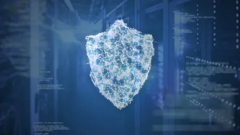 Network shield forming from data stream in datacenter, shielding racks then Stock Footage 332577681