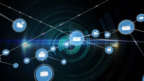 Network showing glowing email node at center, connecting with user and camera Stock Footage 307463140