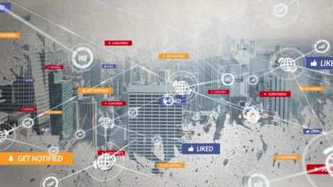 Network showing over paint-splatter skyline linking nodes with SUBSCRIBED or Stock Footage 309286062