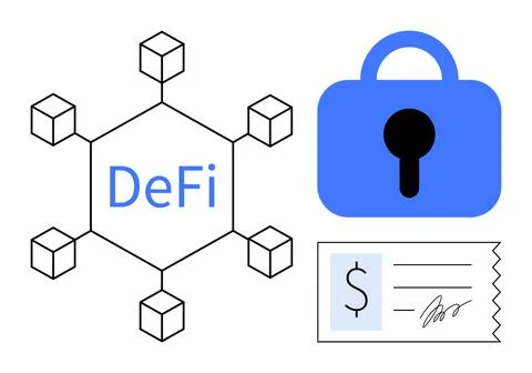 Network of six connected blocks with DeFi text. Blue lock symbolizes security Stock Illustration