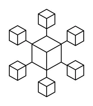 Network of Six Peripheral Cubes Connected to Central Cube Structure Stockillustratie