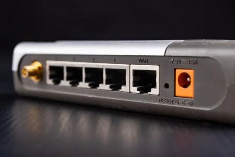Network sockets in a network hub. Computer accessories for sending data. Foto stock