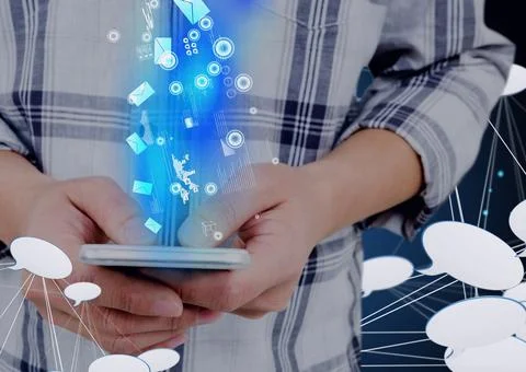 Network of speech bubble icons and digital icons over mid section of person Stock Photos