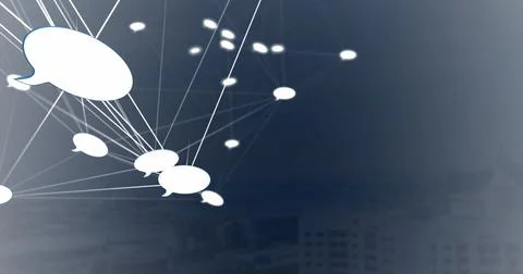 Network of speech bubbles against tall buildings in background Ilustración de archivo