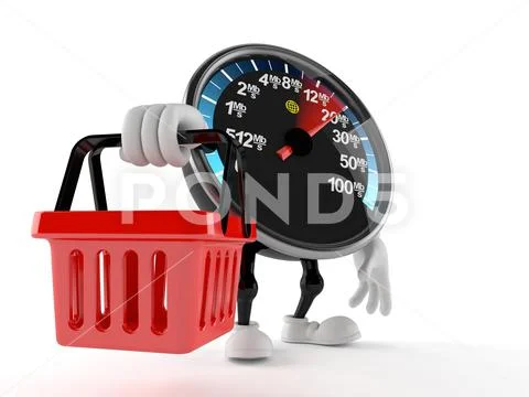 Network speed meter character holding shopping basket Stock Illustration