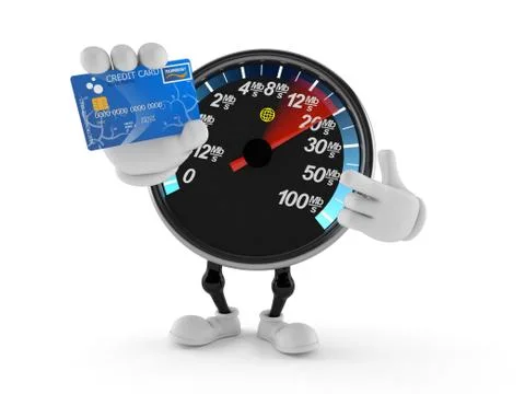 Network speed meter character holding credit card Illustrazione stock