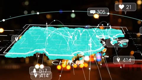 Network spikes driving turquoise 3D map labeled CHINA floating, arcs pulsing, Stock Footage 337904964