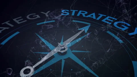 Network swirling triggers compass pointer rotating clockwise forming STRATEGY to Stock Footage 309681426