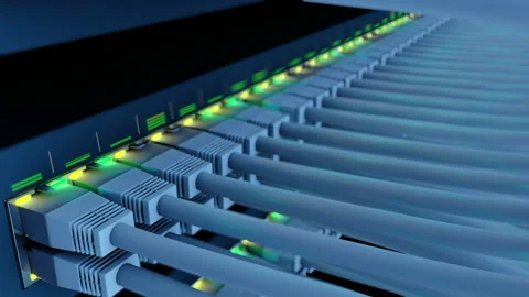 Network Switch with 48 ports in a server rack close-up seamless loop Stock Footage 88659397