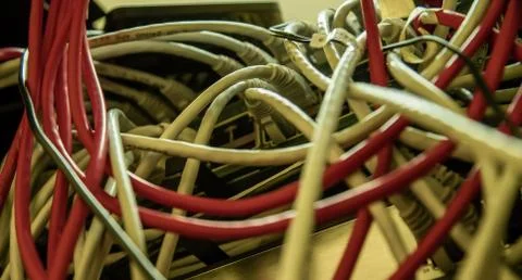 Network switch and ethernet cable connect to computer Stock Photos