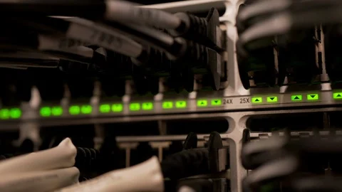 Network Switch and Ethernet Cables Patched into Local Network and IPTV Stock Footage 102866032