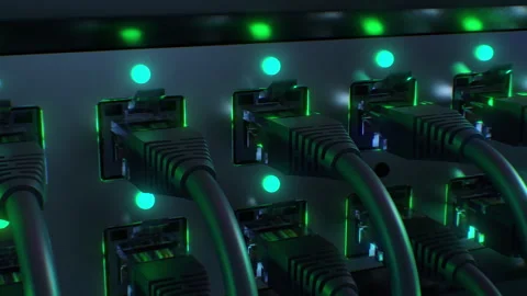 Network Switch and Ethernet Cables Close-up Loop 3d Animation. Blinking Green Stock Footage 310135199