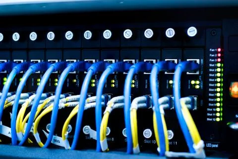 Network switch and ethernet cables Stock Photos