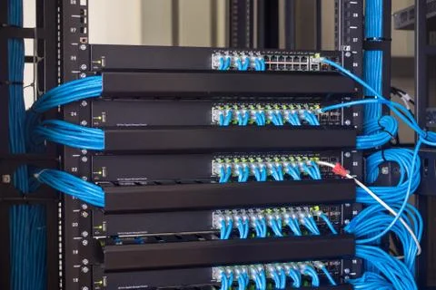 Network switch and ethernet cables connected Stock Photos