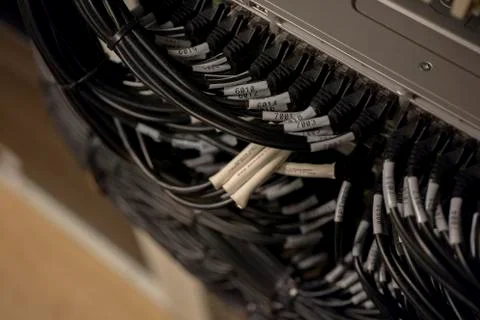 Network Switch and Ethernet Cables Patched into Local Network and IPTV Fotos Stock
