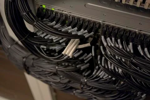Network Switch and Ethernet Cables Patched into Local Network and IPTV Stock-Fotos