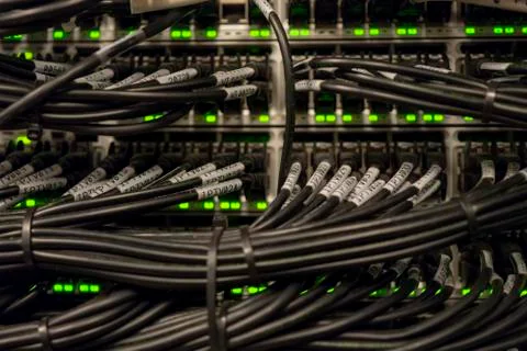 Network Switch and Ethernet Cables Patched into Local Network and IPTV Stock Photos