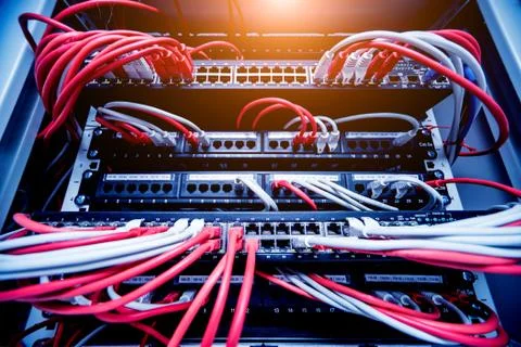Network switch and ethernet cables in red and white colors. Data Center Stock Photos