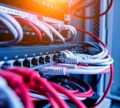 Network switch and ethernet cables in red and white colors. Data Center Stock Photos