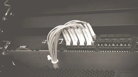Network switch and fiber optic cable Stock Photos