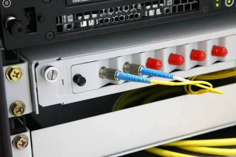 Network switch and patch cables Stock Photos