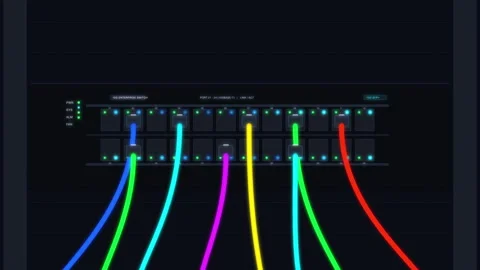 Network switch with colorful Ethernet cables connected to ports Stock Footage 347248723