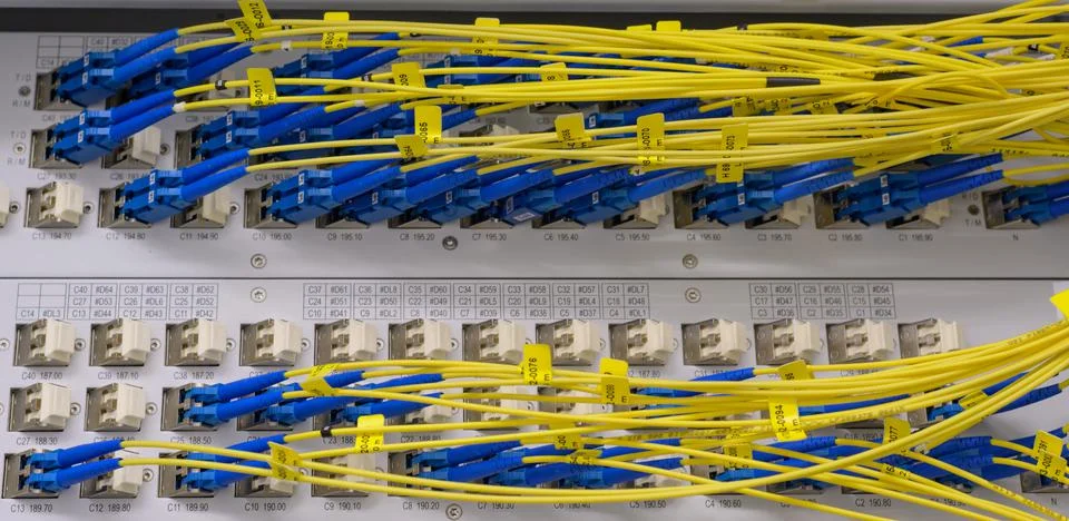Network switch with fiber optic cable in a data center Foto stock