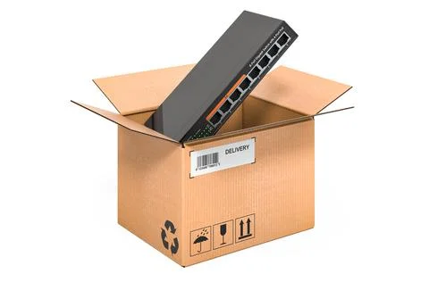 Network switch inside cardboard box, delivery concept. 3D rendering Stock Illustration