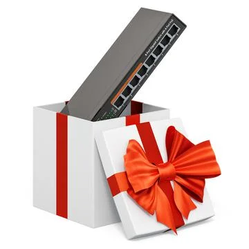 Network switch inside gift box, present concept. 3D rendering Stock Illustration