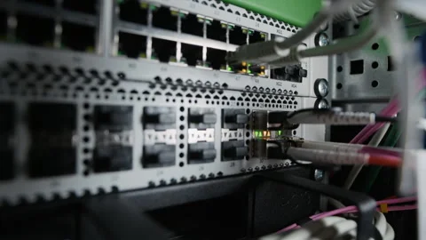 Network Switch Ports with Connected Ethernet Cables in Server Rack Stock Footage 330540884