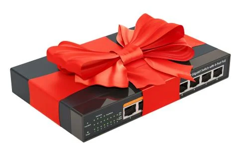Network switch with ribbon and bow, gift concept. 3D rendering 스톡 일러스트