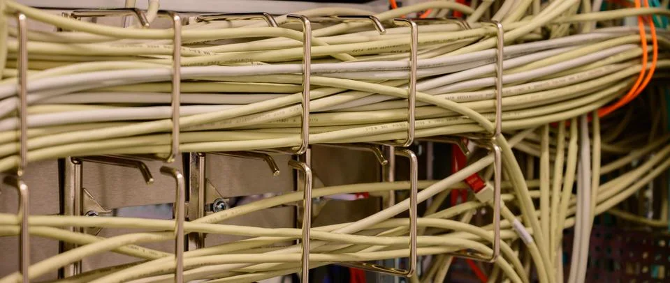 Network switch with RJ45 network cable in a data center Stock Photos