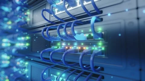 Network Switch Server Rack Ethernet Cable RJ45 Data Center 3D Render Blue 库存影片 336117537