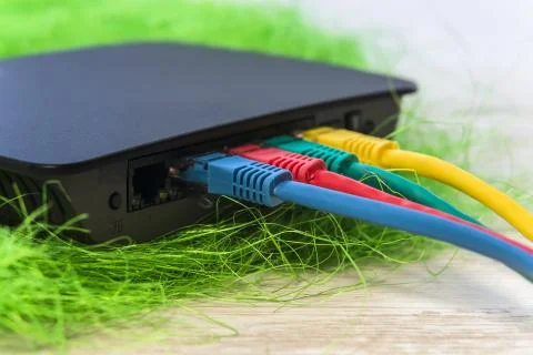 Network switch with various color RJ45 cables connected for swit Фото