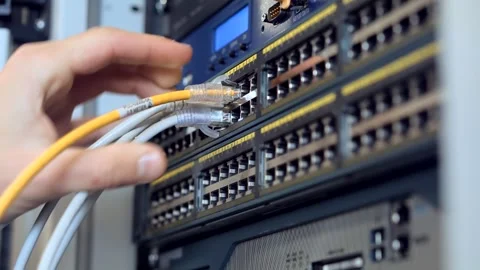Network Switch.Internet Router.Ethernet Patch Cord.Lan Hardware Server Room Video stock 260923402