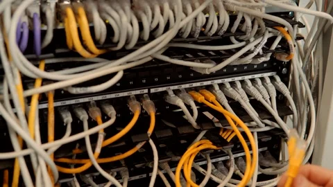 Network Switch.Internet Router.Ethernet Patch Cord.Lan Hardware Server Room Video stock 260927827