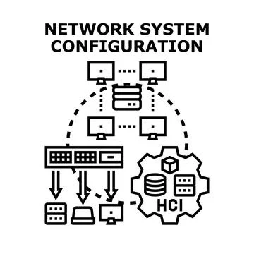 Network system configuration setup connecting hardware and software 库存插图