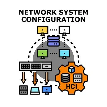Network system configuration setup connecting hardware and software Stock Illustration