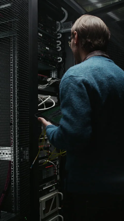 Network Technician Checking Server Hardware in Data Center Stock Footage 330539375
