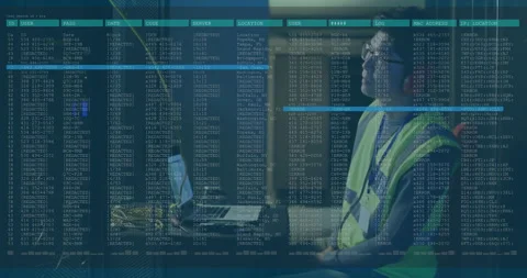 Network technician glancing at laptop and testing systems while log overlays Stock Footage 313494139