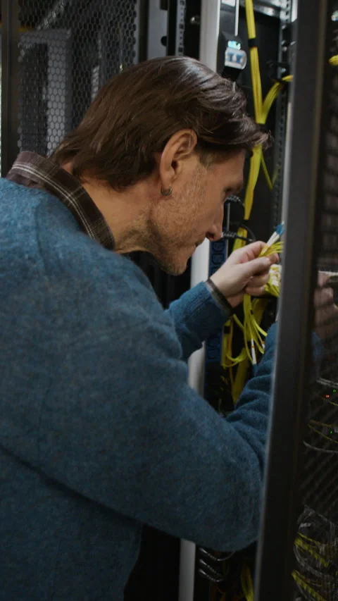 Network Technician Installing Ethernet Cable in Server Rack Stock Footage 330542228