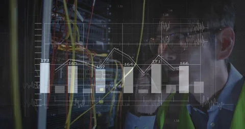 Network technician speaking on phone inspecting rack with animated graphs Stock Footage 317206674