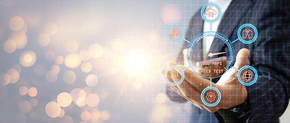 Network technology bandwidth test super fast internet connection speed peop.. Stock Photos