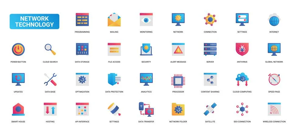 Network Technology Communication and Security icons set Stock Illustration