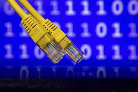 Network technology concept with yellow ethernet cables and binary code 스톡 사진