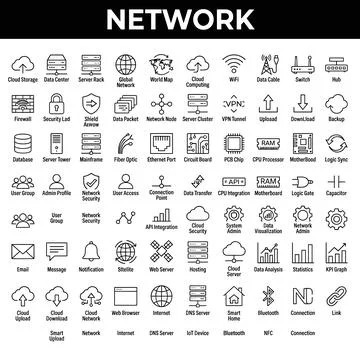 Network technology icons collection for IT infrastructure, cloud computing,.. Stock Illustration