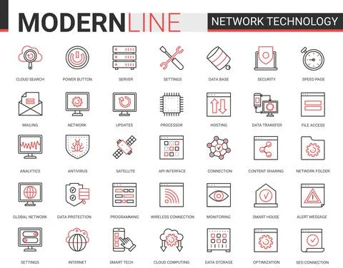 Network technology red black outline line icons vector illustration Ilustração Stock